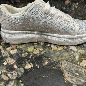 White Sparkling Rhinestone Sneakers with Thick Sole Berness